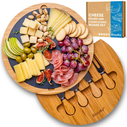Round Bamboo Cheese Board & Knife Set with Removable Slate (12-Inch