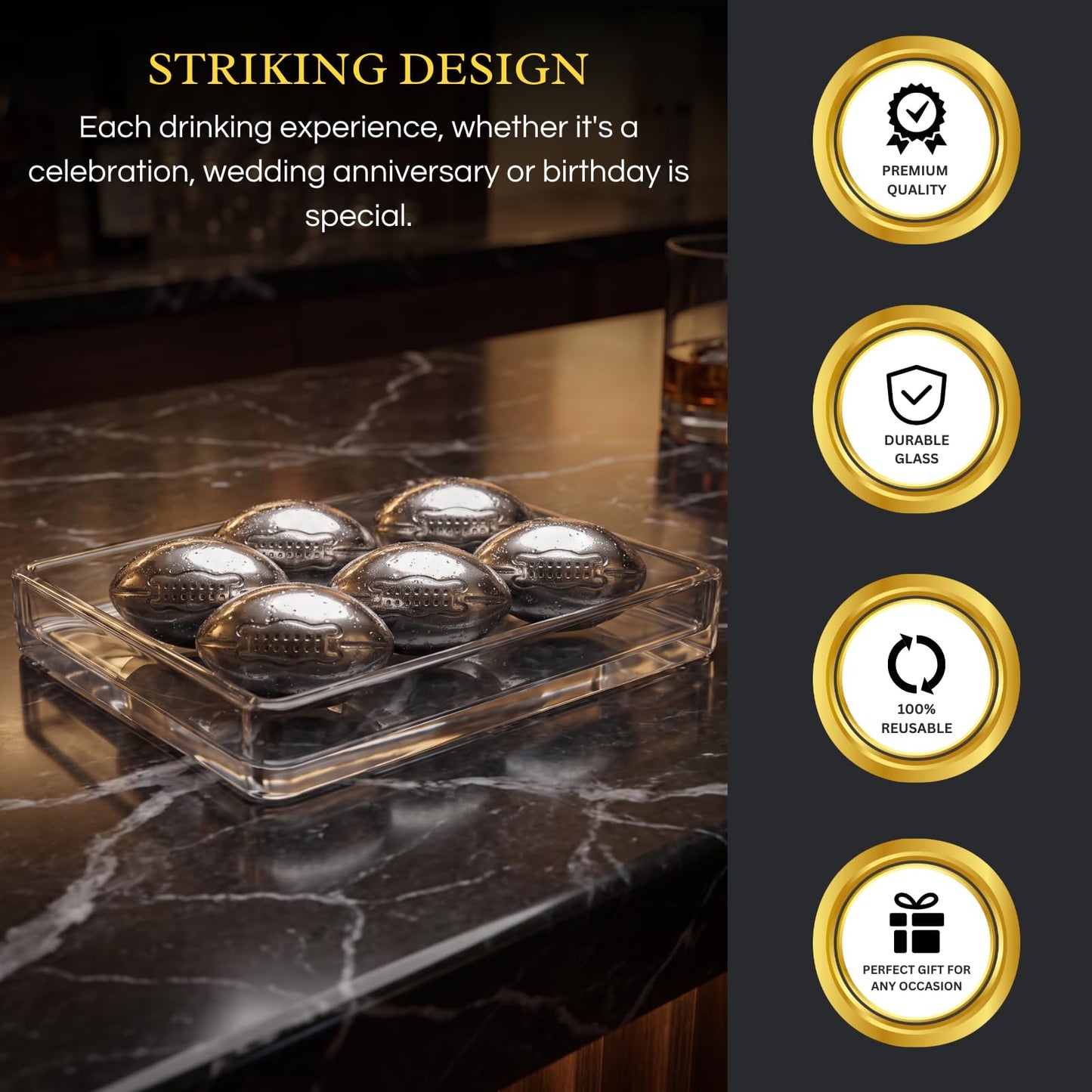 Reusable Stainless Steel Football Whiskey Chillers