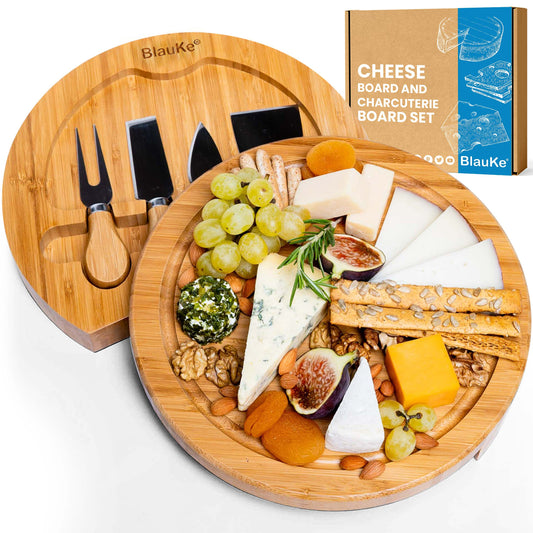 Swiveling Bamboo Cheese Board & Knife Set (10-Inch)