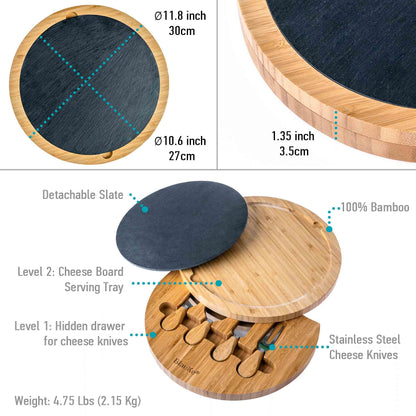 Round Bamboo Cheese Board & Knife Set with Removable Slate (12-Inch