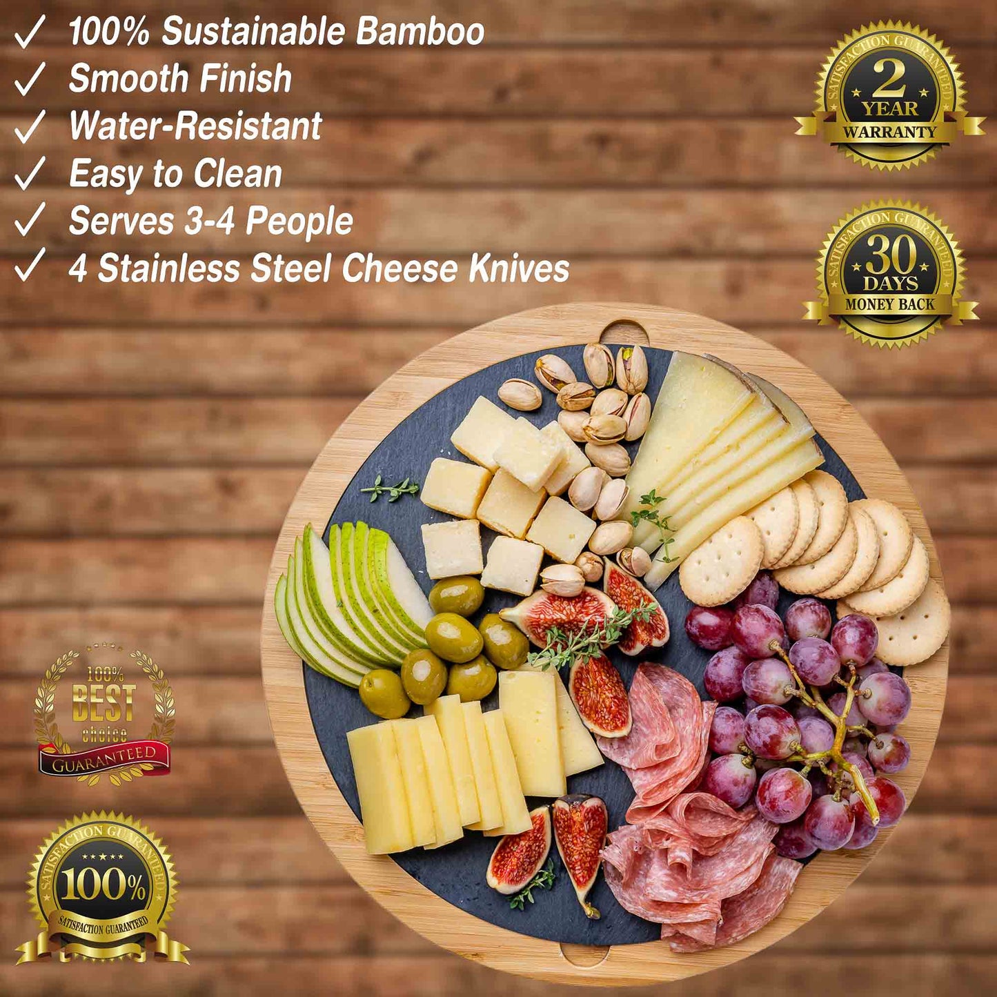 Round Bamboo Cheese Board & Knife Set with Removable Slate (12-Inch