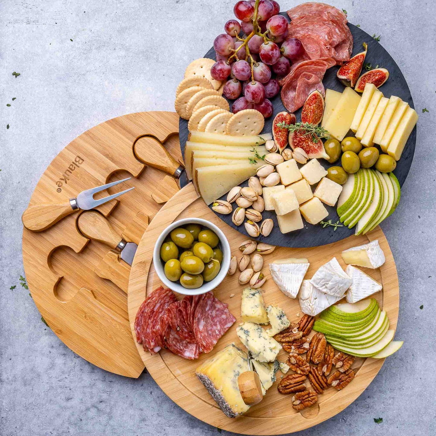 Round Bamboo Cheese Board & Knife Set with Removable Slate (12-Inch