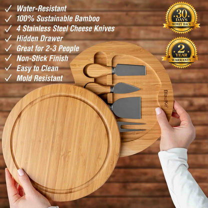 Swiveling Bamboo Cheese Board & Knife Set (10-Inch)