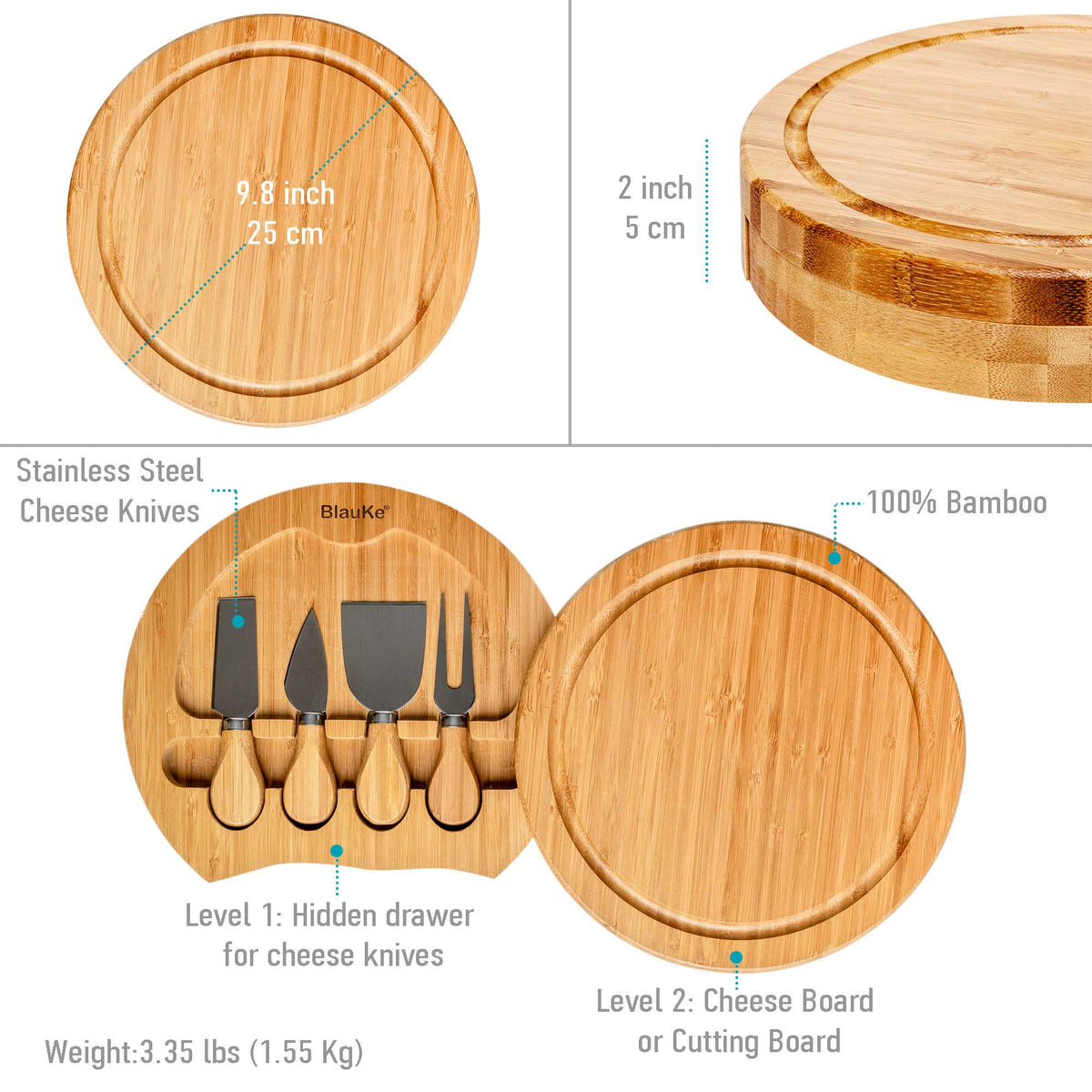 Swiveling Bamboo Cheese Board & Knife Set (10-Inch)