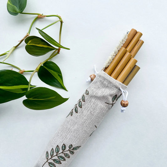 Reusable Organic Bamboo Straws (10-Piece Set with Travel Bag)