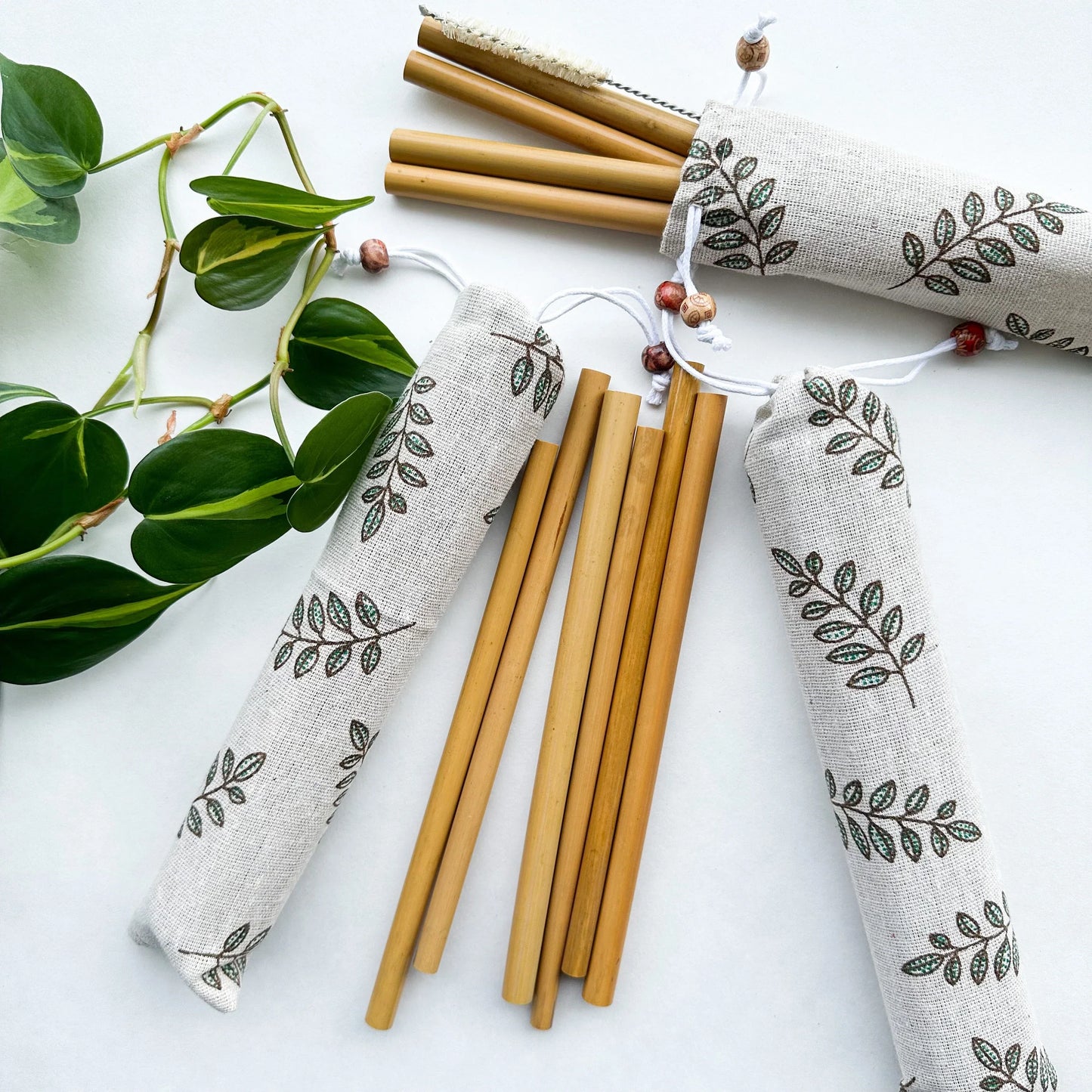 Reusable Organic Bamboo Straws (10-Piece Set with Travel Bag)